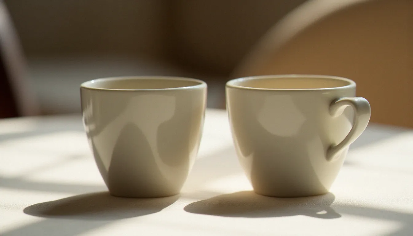 Deux tasses de café rapprochées sur une nappe en lin, métaphore visuelle du dialogue et de la réciprocité dans la pratique consensuelle du 69
