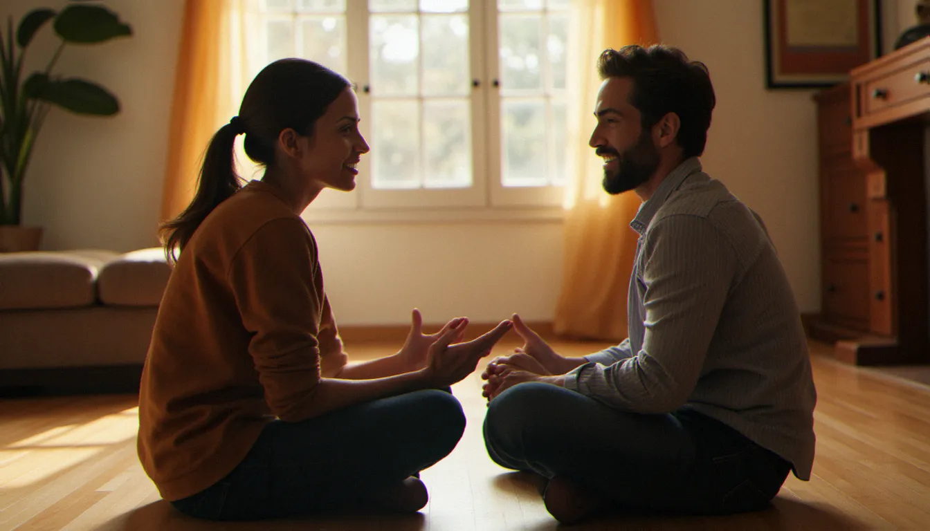 Deux personnes en conversation détendue face à face dans un intérieur chaleureux, illustrant la communication sur les préférences intimes dans le couple