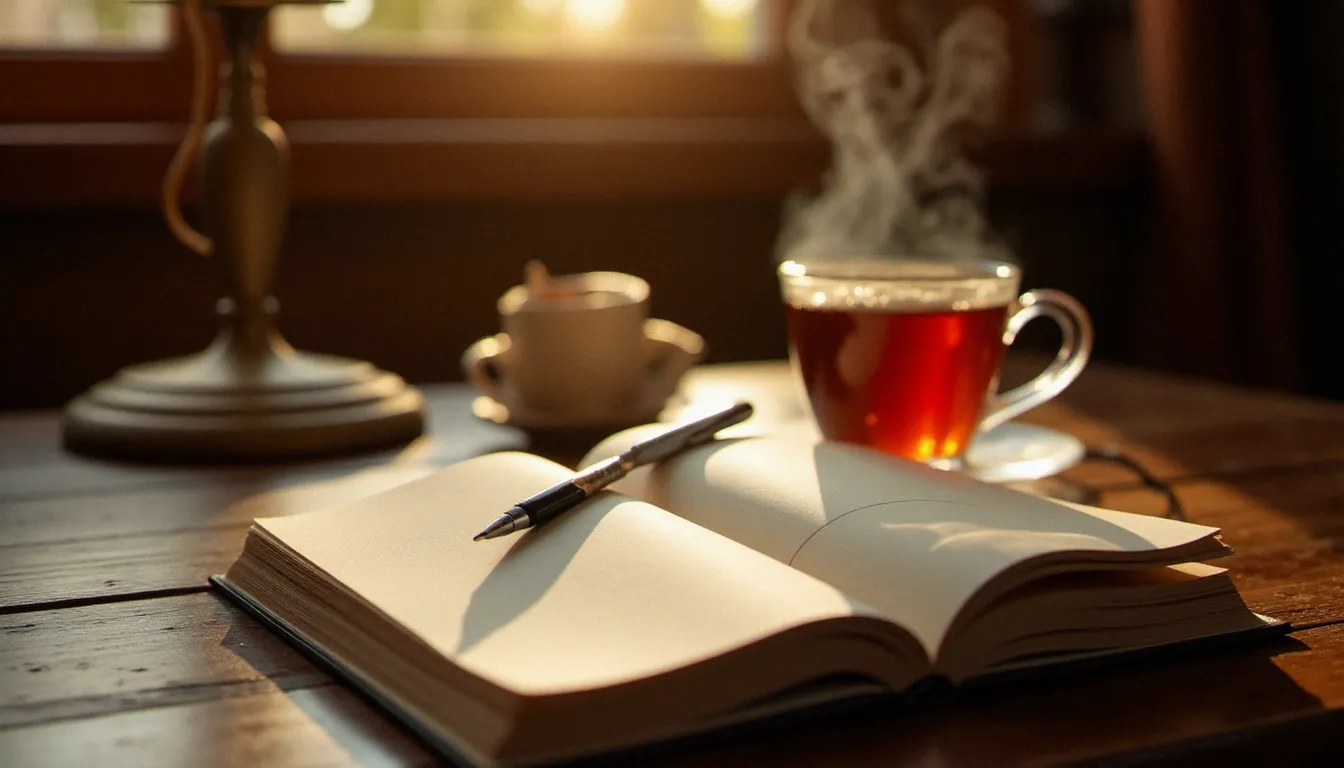Journal ouvert sur un bureau en bois avec une tasse de thé fumante, évoquant l'introspection liée au choix conscient de l'abstinence sexuelle