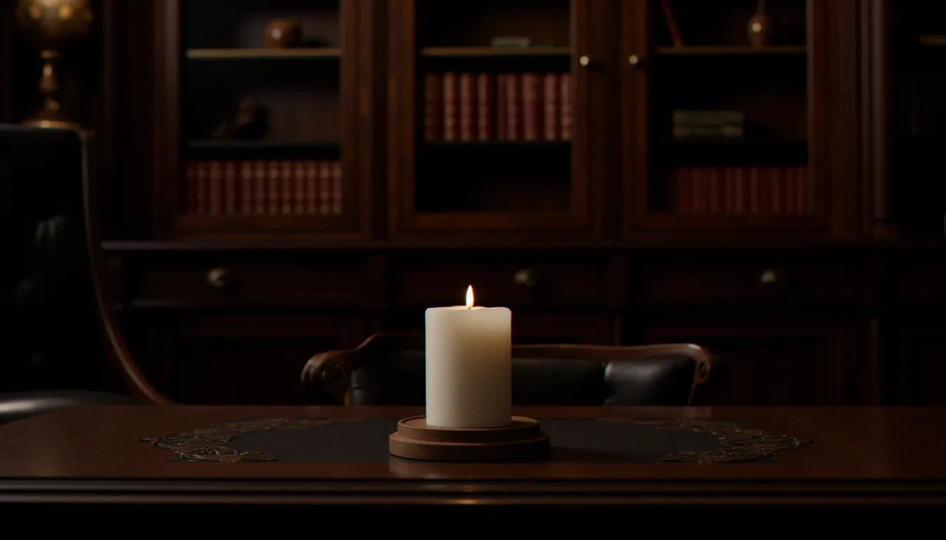Étude élégante plongée dans une lumière tamisée avec une bougie et des livres anciens, évoquant la dynamique de pouvoir et la maîtrise de soi dans un cadre consenti