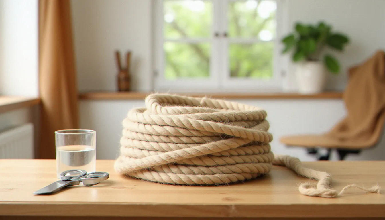 Corde en coton naturel utilisée pour le shibari, posée sur une étagère en bois avec des accessoires de sécurité, ambiance apaisante