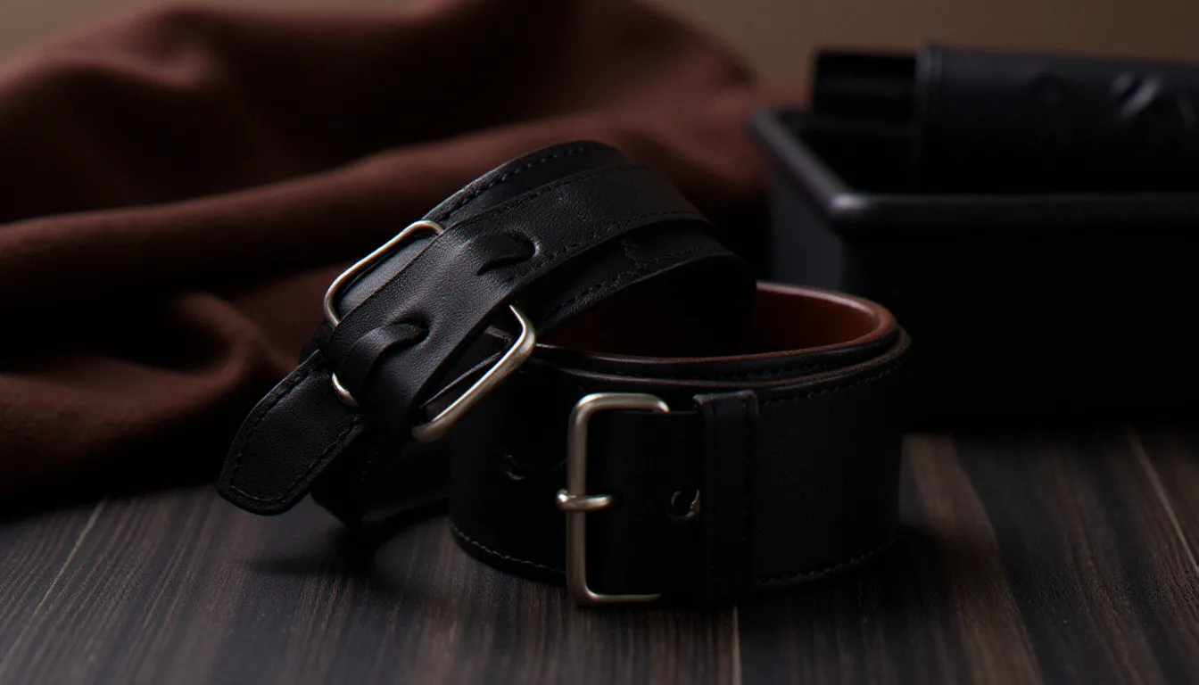 Accessoires de contrainte en cuir — paire de manchettes artisanales posées sur une surface en bois sombre, évoquant la pratique du bondage consenti