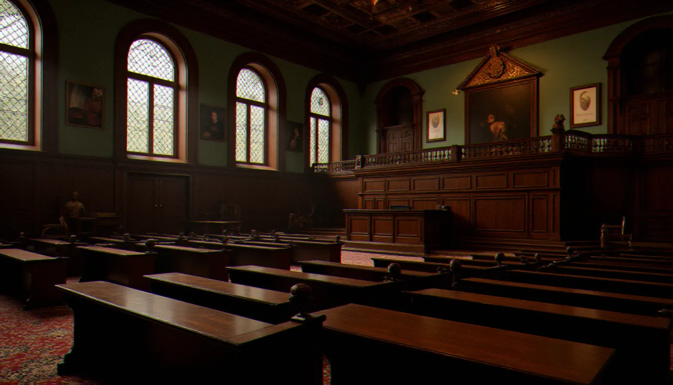 Salle d'audience britannique vide avec bancs en bois et lumière naturelle traversant de hautes fenêtres, illustrant le cadre juridique de l'affaire Spanner