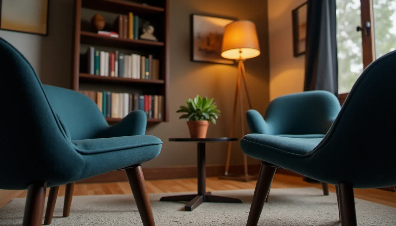 Bureau de consultation minimaliste avec deux fauteuils face à face et bibliothèque en arrière-plan, illustrant l'accompagnement psychologique lié au consentement