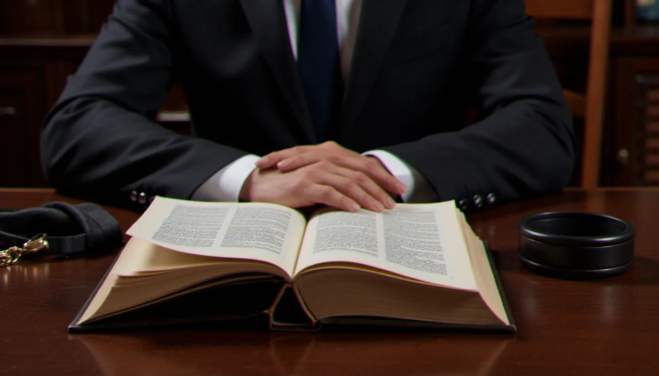 Livre de droit ouvert sur un bureau en bois, à côté d'un bracelet en cuir noir et d'un marteau de juge, évoquant les enjeux juridiques de l'affaire Spanner
