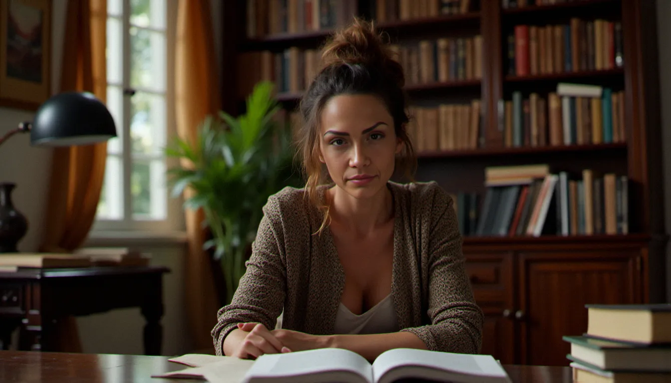 Une femme concentrée lisant un livre ouvert dans un bureau littéraire élégant, évoquant l'univers d'Alain Marc écrivain et la psychologie des dynamiques de pouvoir