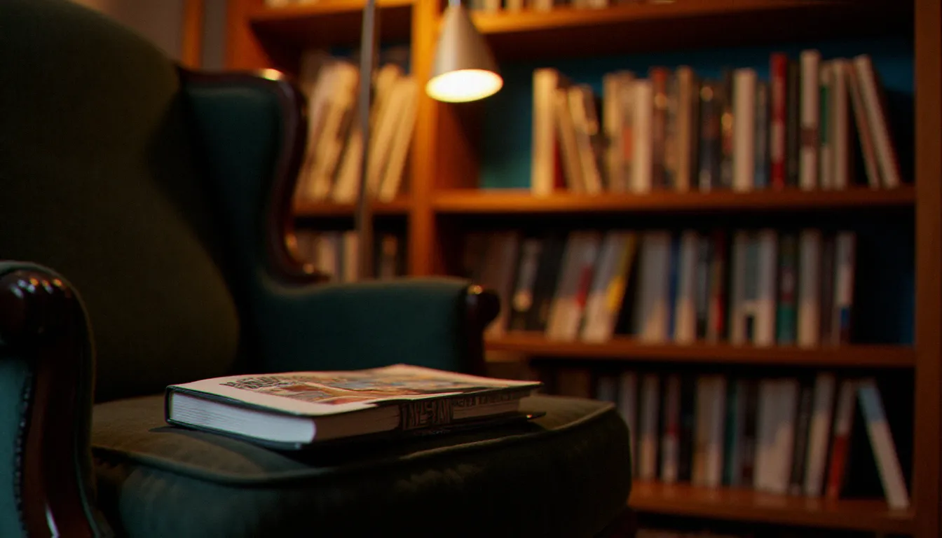 Fauteuil de lecture avec album de bande dessinée posé sur l'accoudoir dans une bibliothèque intime aux reflets chauds
