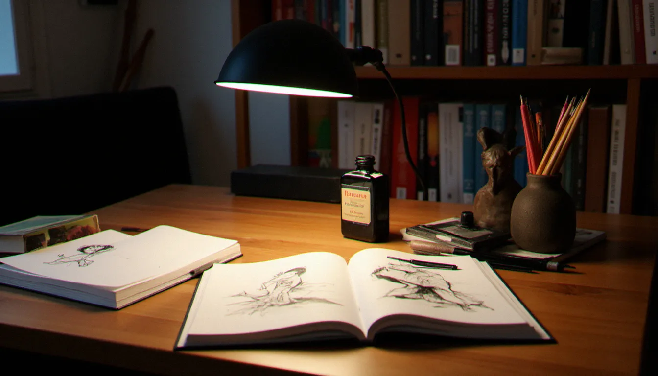 Table de dessinateur avec carnets de croquis ouverts et plumes à encre dans un atelier français, évoquant l'univers graphique d'Alex Varenne