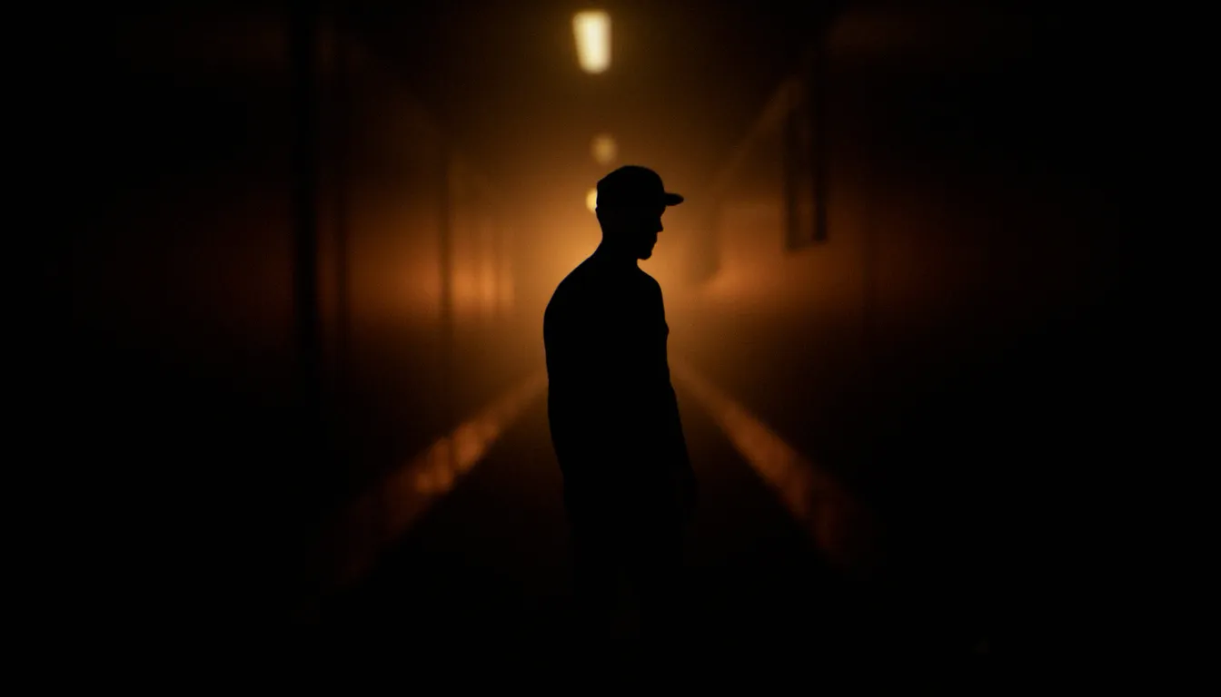 Silhouette contemplative dans un couloir éclairé en fin de perspective, évoquant l'exploration intérieure des dynamiques de pouvoir et du désir étudié par Alfred Kinsey