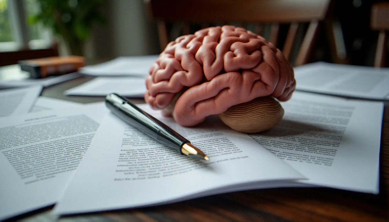 Illustration anatomique du cerveau posée sur un bureau en bois, symbolisant les mécanismes neurobiologiques à l'œuvre dans l'algolagnie