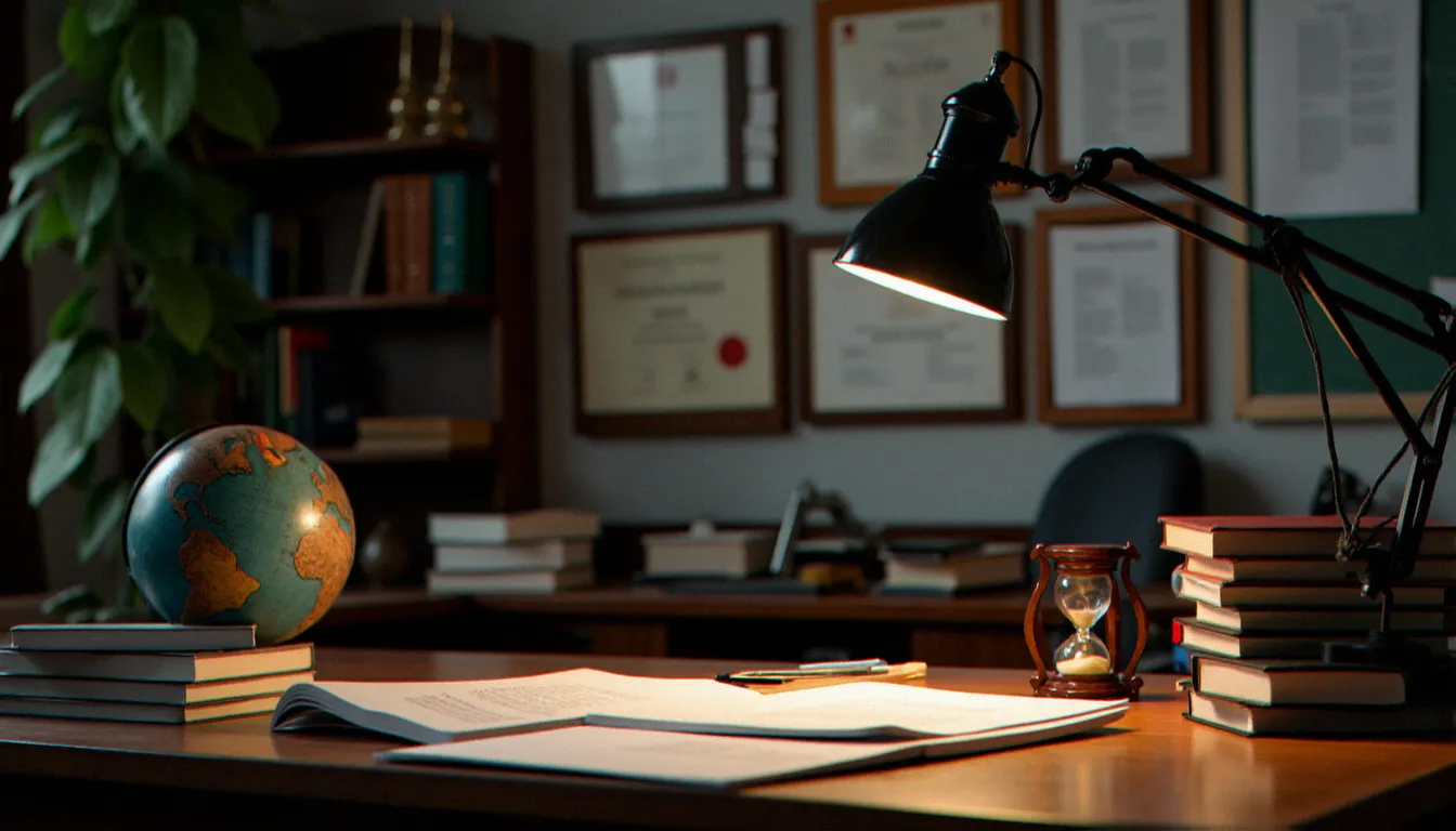 Bureau universitaire académique en Allemagne avec livres de psychologie et diplômes encadrés, évoquant la recherche scientifique allemande sur les dynamiques de pouvoir consenties