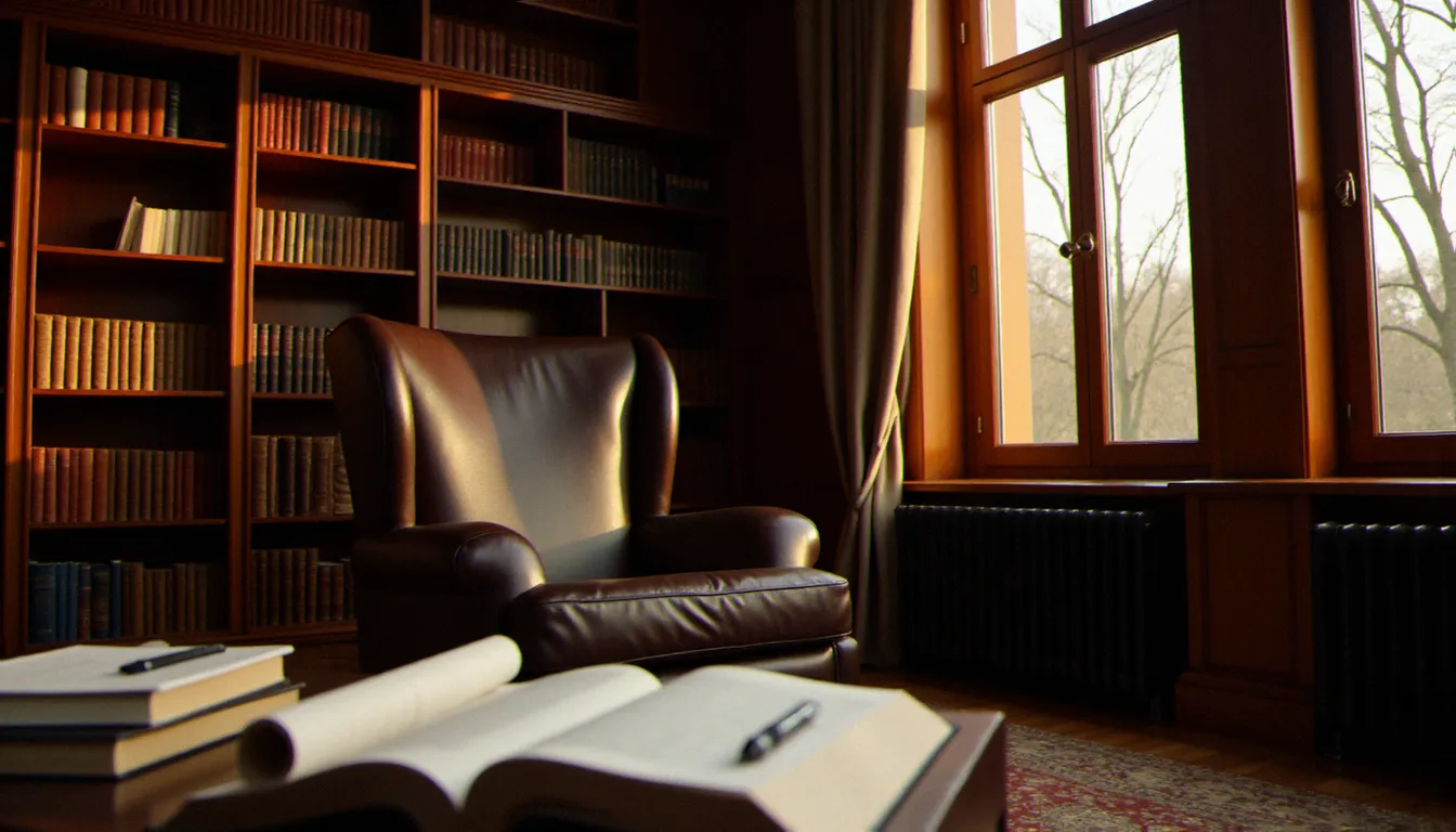 Bibliothèque intimiste berlinoise évoquant la culture du pouvoir et de la psychologie en Allemagne, avec fauteuil en cuir et lumière tamisée