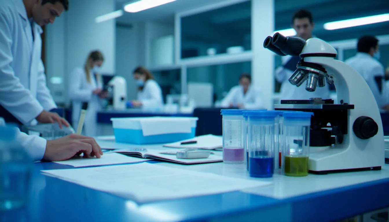 Laboratoire de microbiologie clinique avec microscope et échantillons, environnement de diagnostic de l'amœbose par PCR