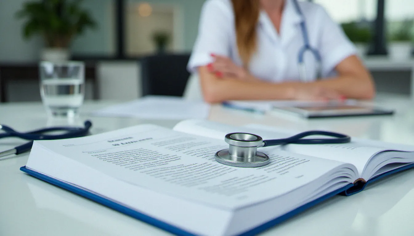 Bureau de consultation médicale avec manuel de parasitologie ouvert, illustrant la prise en charge de l'amœbose