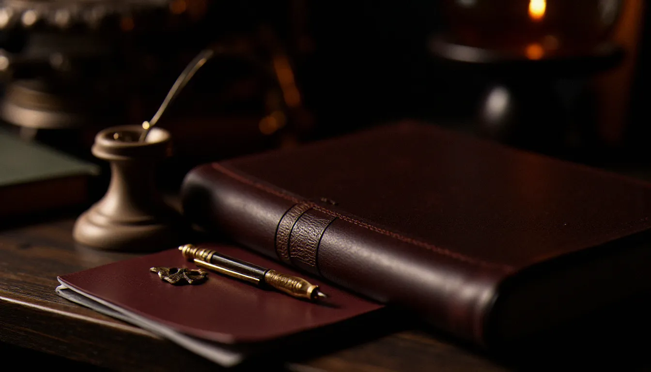 Bureau élégant avec journal en cuir fermé et plume vintage à la lumière d'une bougie, symbolisant l'univers d'amou-daria et l'exploration intérieure par la domination consentie