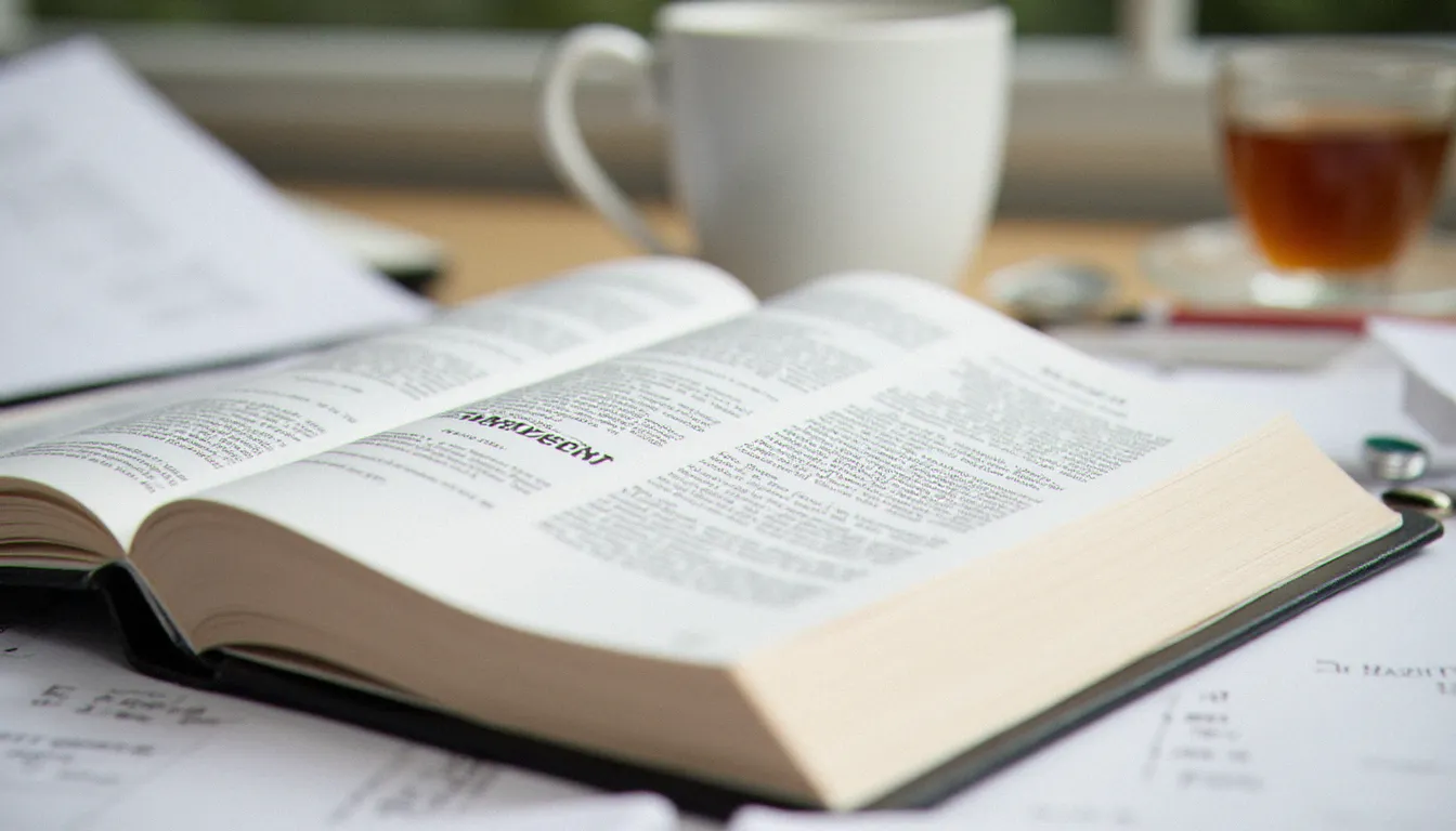 Dictionnaire bilingue ouvert sur le mot consentement, entouré de notes manuscrites, illustrant l'importance du vocabulaire anglais dans les pratiques BDSM éthiques