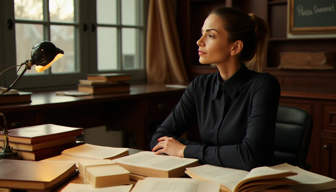 Femme intellectuelle pensive assise à un bureau chargé de livres de philosophie et d'essais sur le désir, dans l'esprit de l'œuvre d'Annie Le Brun