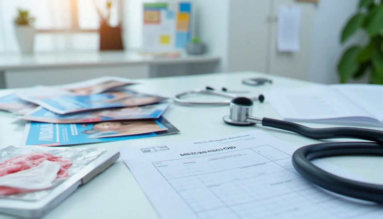 Bureau médical avec brochures de prévention sanitaire et matériel de protection illustrant les mesures de sécurité autour de l'anulingus