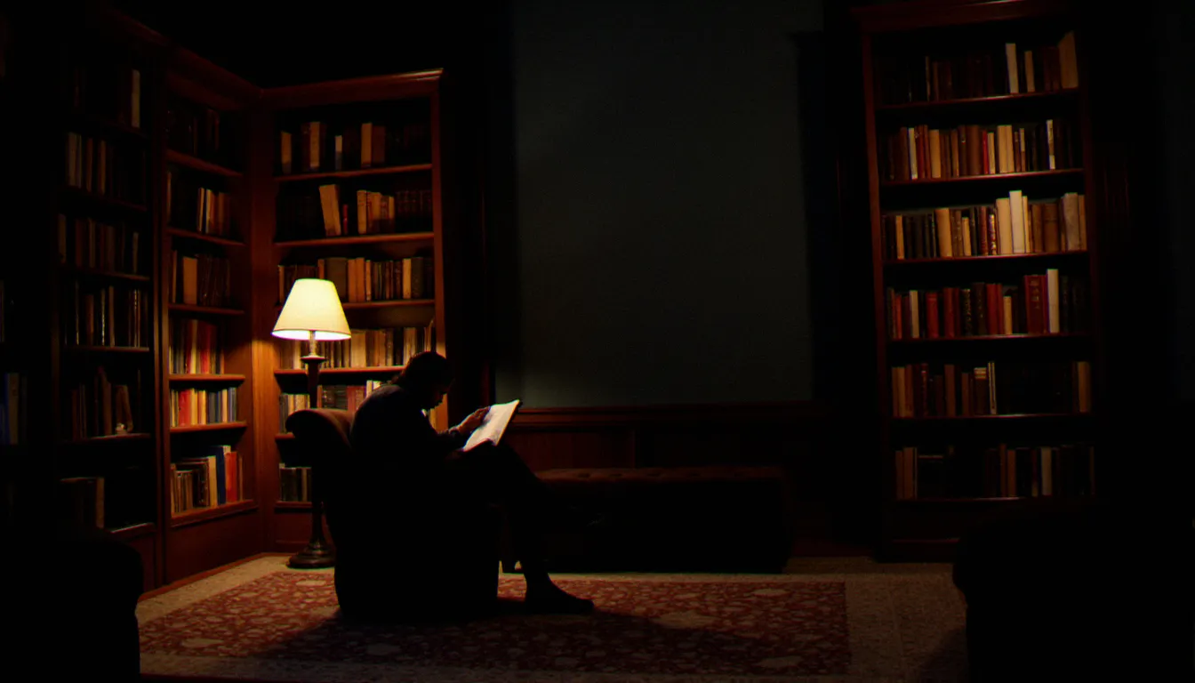 Bibliothèque intime avec fauteuil de lecture sous lampe dorée, espace de contemplation et de connaissance de soi, en lien avec la philosophie aristotélicienne de l'épanouissement