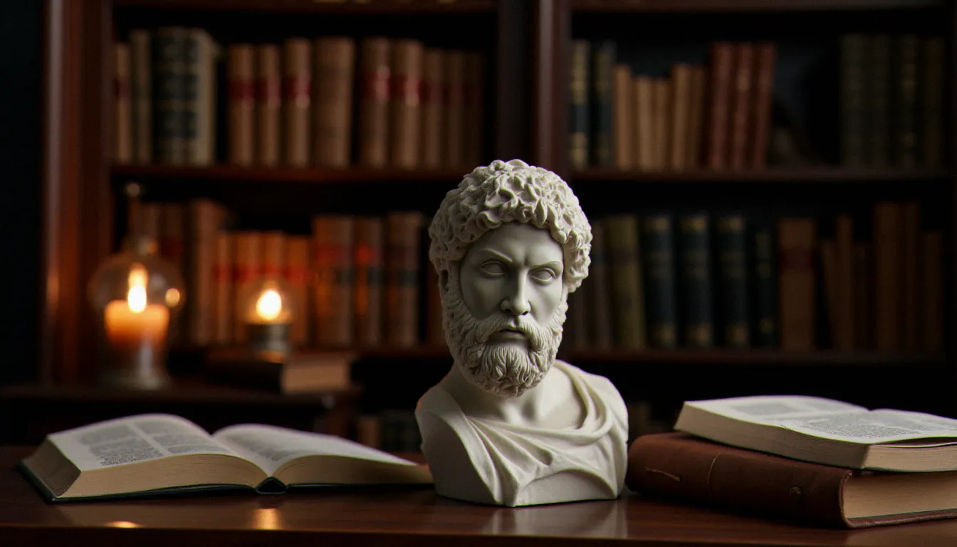 Buste d'Aristote posé sur un bureau avec des livres de philosophie ouverts, évoquant la réflexion sur le pouvoir et la vertu