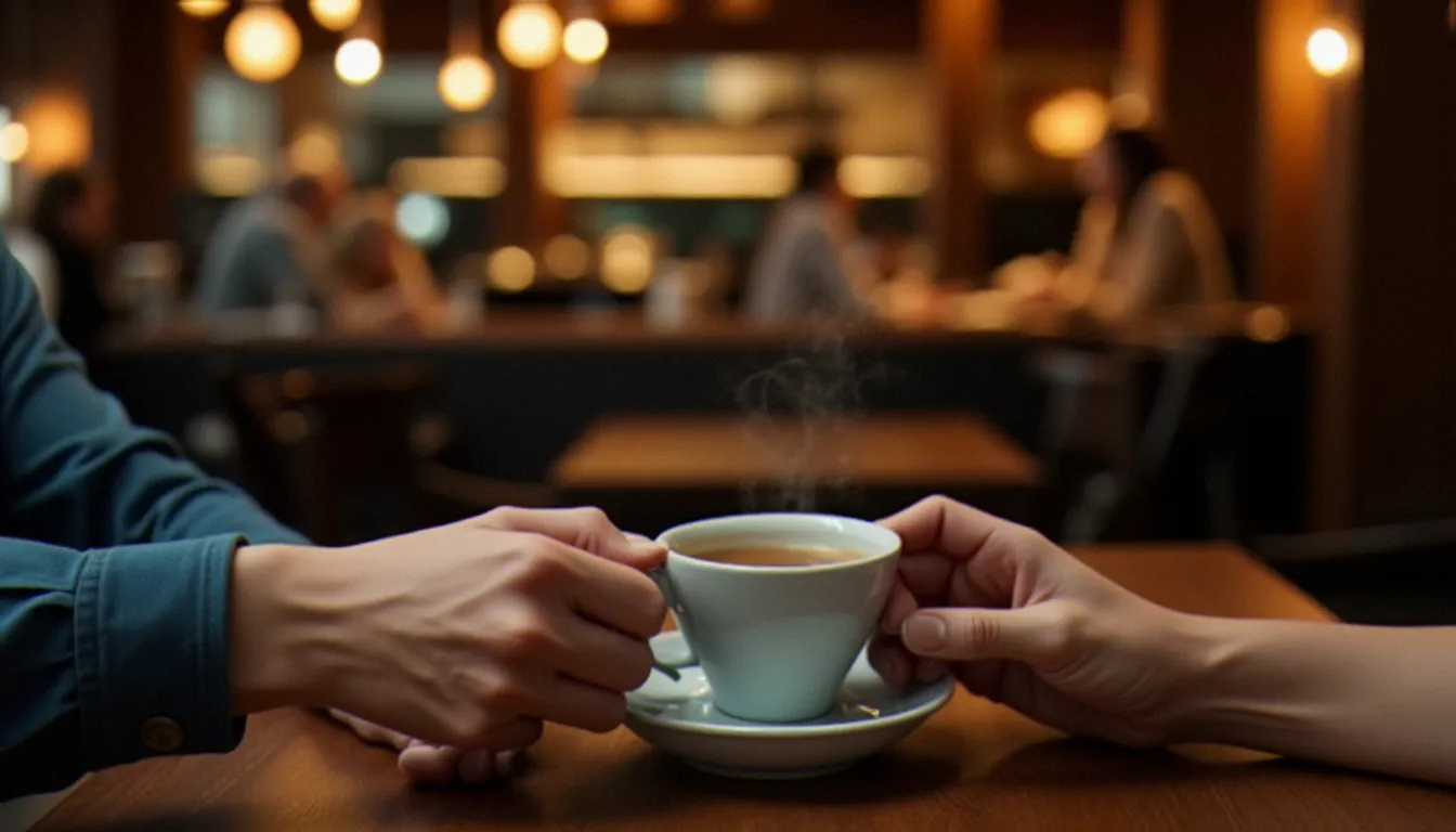 Deux personnes en conversation intime autour d'un café, illustrant les dynamiques relationnelles possibles dans un couple incluant une personne asexuelle