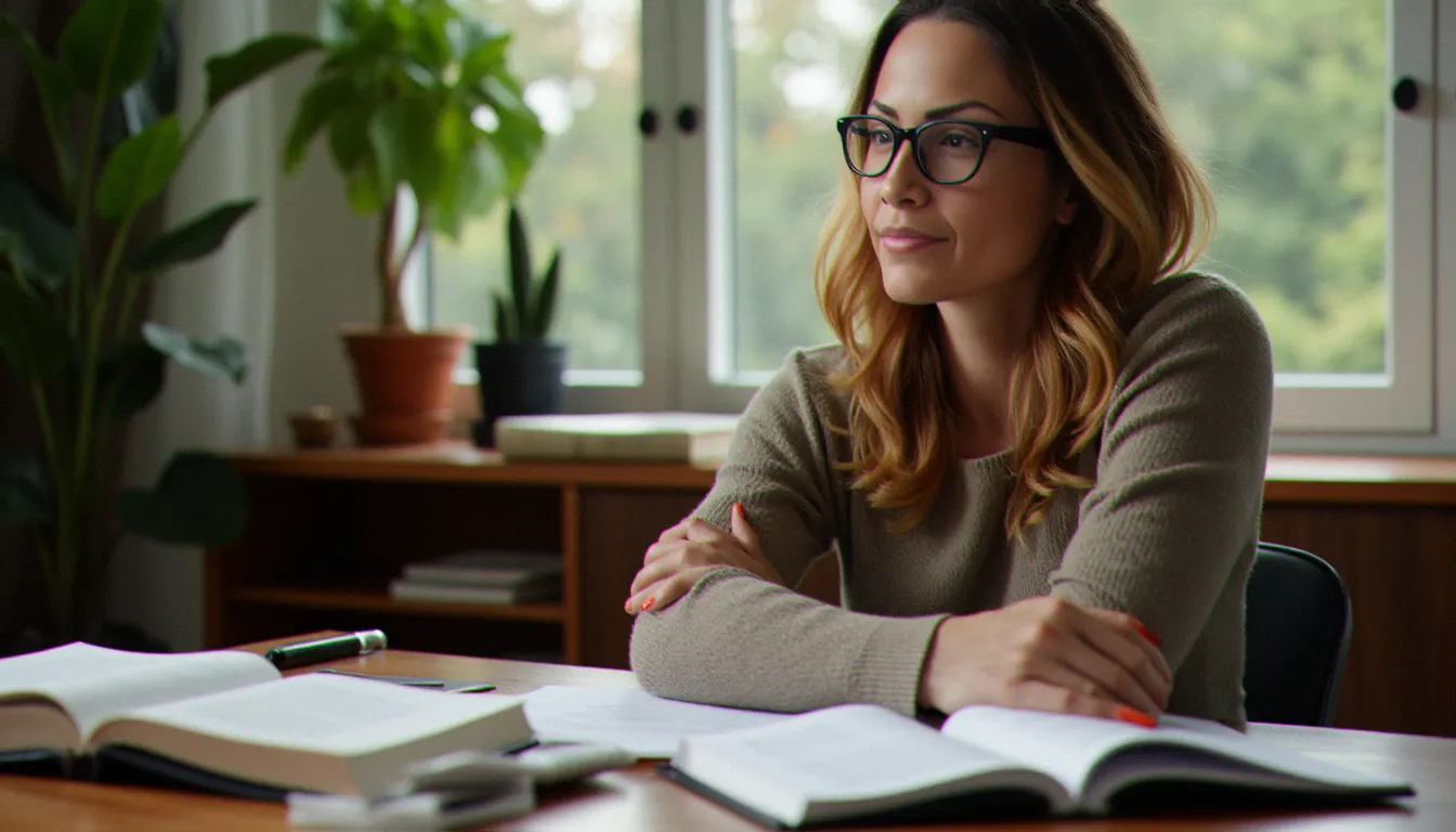 Femme assise à un bureau avec des livres de psychologie ouverts, illustrant la réflexion sur l'asexualité et l'identité
