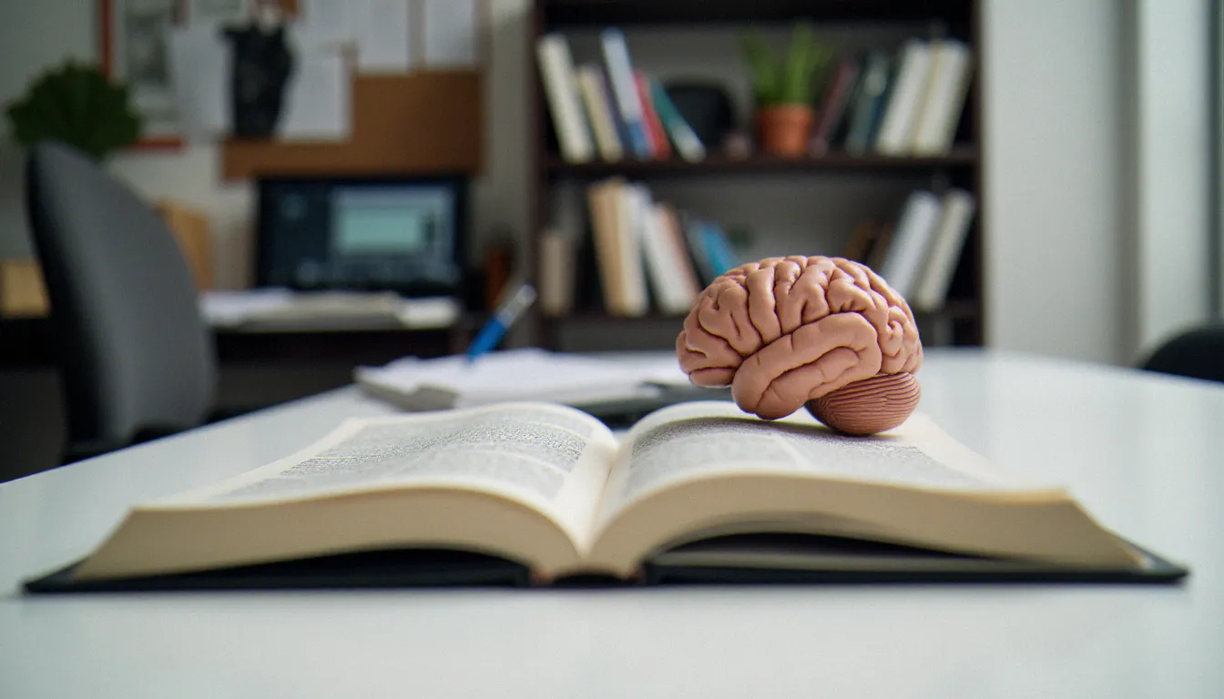 Modèle anatomique du cerveau posé sur un bureau de psychologue, illustrant les mécanismes neurobiologiques de l'attirance sexuelle