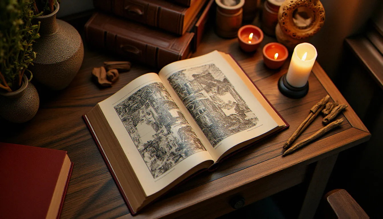 Livre ancien ouvert sur des illustrations de la mythologie romaine d'Attis, entouré d'objets votifs symboliques sur une table en bois antique à la lumière de bougie