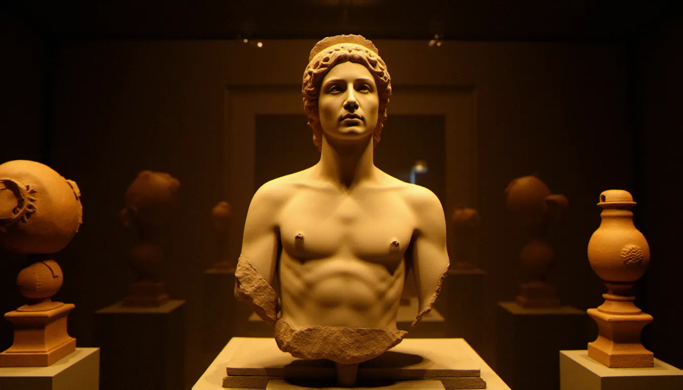 Sculpture antique en marbre représentant Attis coiffé du bonnet phrygien, mise en valeur par un éclairage doré dans un musée archéologique