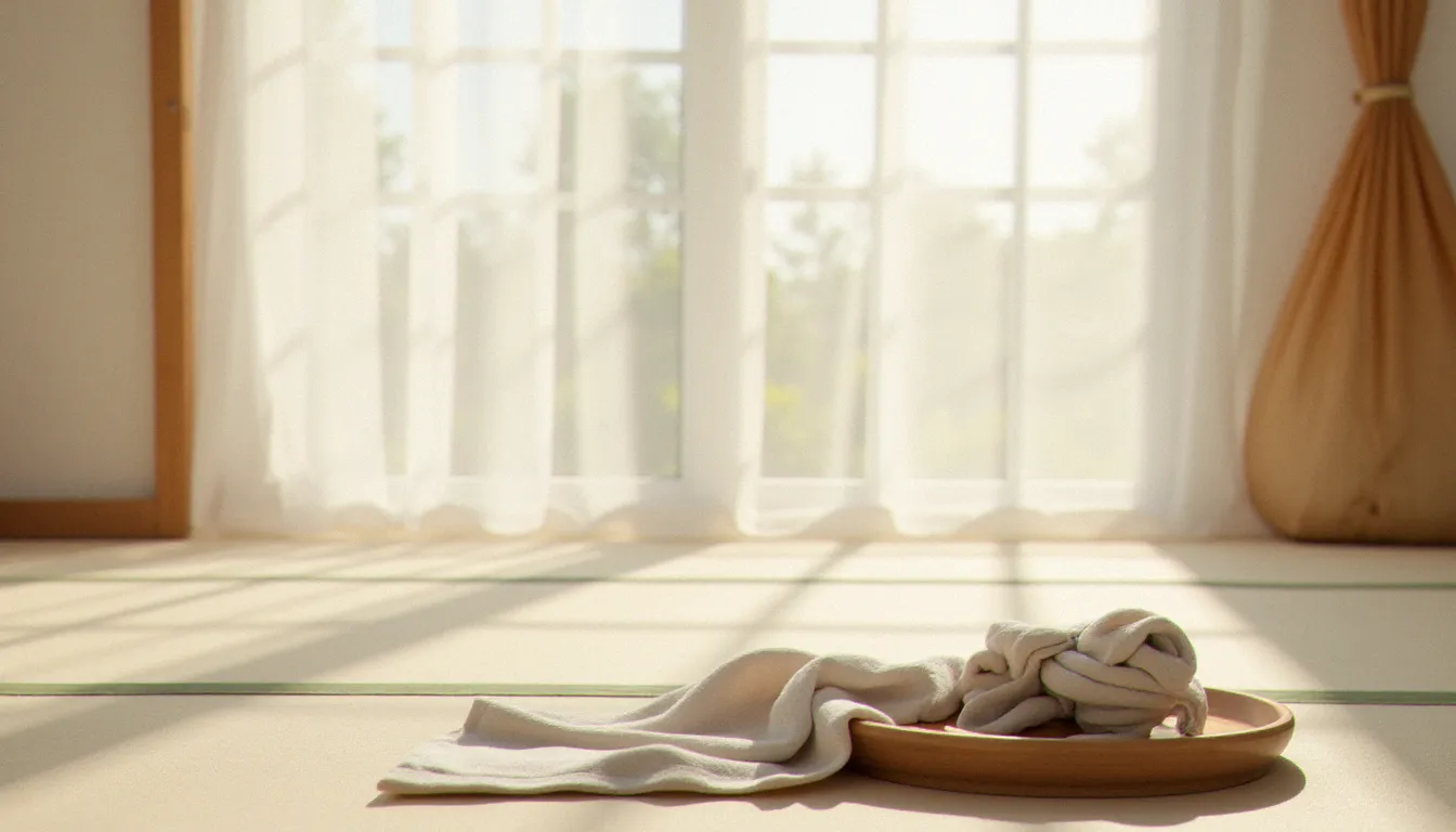 Espace de pratique serein avec tapis de sol en tatami et liens en tissu soigneusement pliés, illustrant la dimension méditative et intentionnelle de l'auto-bondage