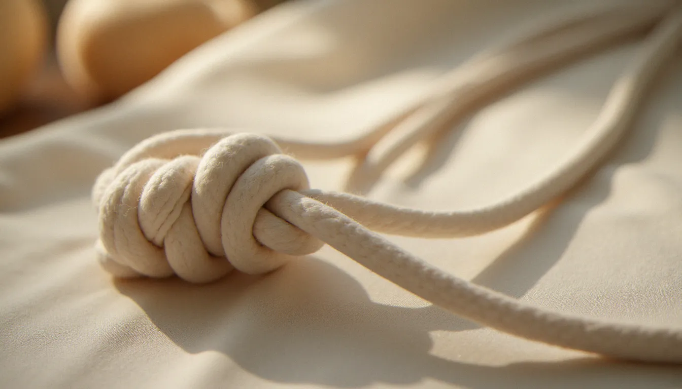 Gros plan sur un nœud plat en corde de coton doux sur tissu naturel, illustrant les matériaux sécurisés et les techniques de base recommandées pour une pratique d'auto-bondage responsable