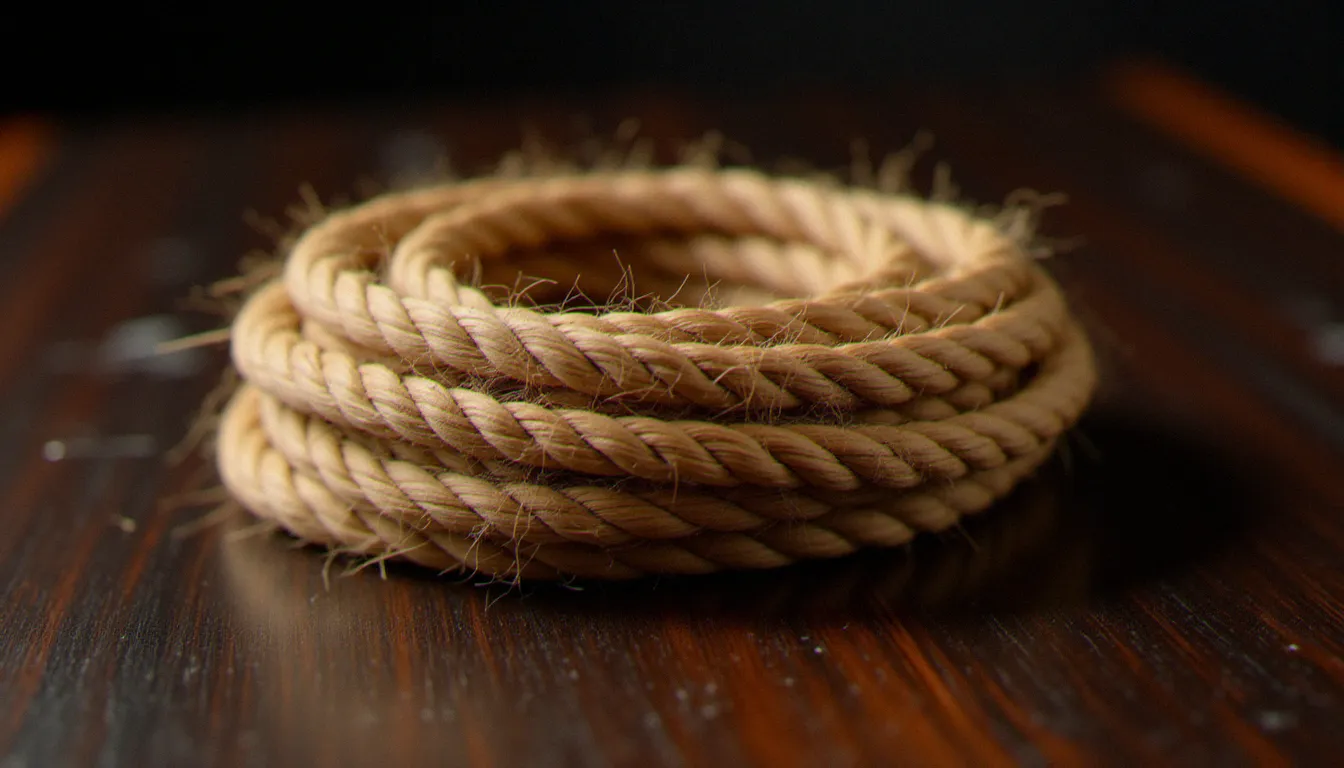 Une bobine de corde en chanvre naturel posée sur une surface en bois sombre, illustration sobre de la pratique de l'auto-bondage comme discipline artisanale et réfléchie