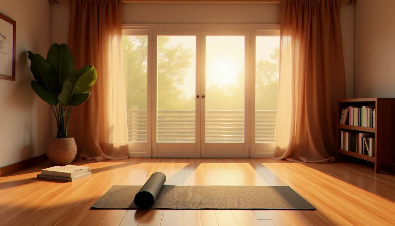 Studio de yoga calme en lumière matinale, symbolisant les pratiques somatiques et la conscience corporelle associées à l'exploration de soi