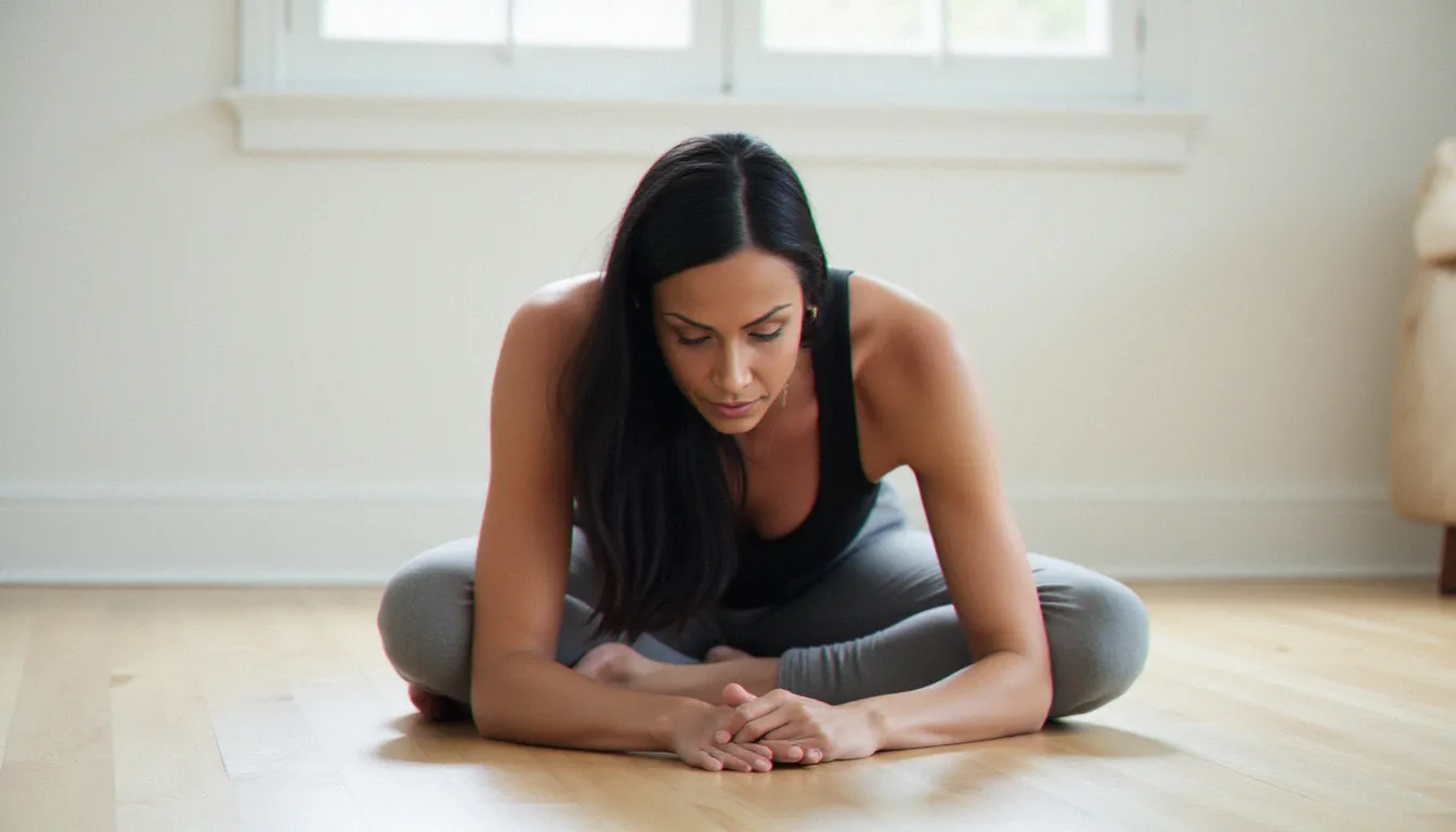 Femme pratiquant une posture de yoga en flexion profonde, illustrant la conscience corporelle et l'exploration somatique liées à l'autocunnilingus