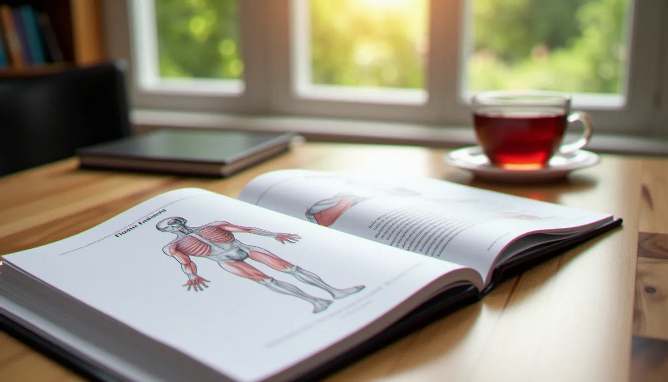 Livre d'anatomie ouvert montrant des diagrammes de souplesse corporelle, dans une atmosphère studieuse et lumineuse