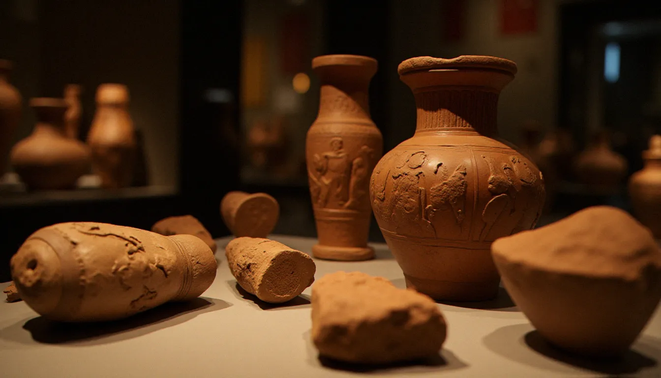 Fragments de céramique grecque antique exposés dans un musée, illustrant les représentations historiques et culturelles de la sexualité humaine