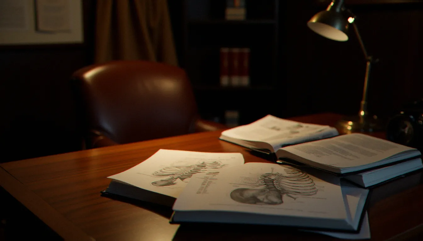 Bureau de psychologue avec livres d'anatomie ouverts sur des schémas de la colonne vertébrale, illustrant l'approche clinique de l'autofellation