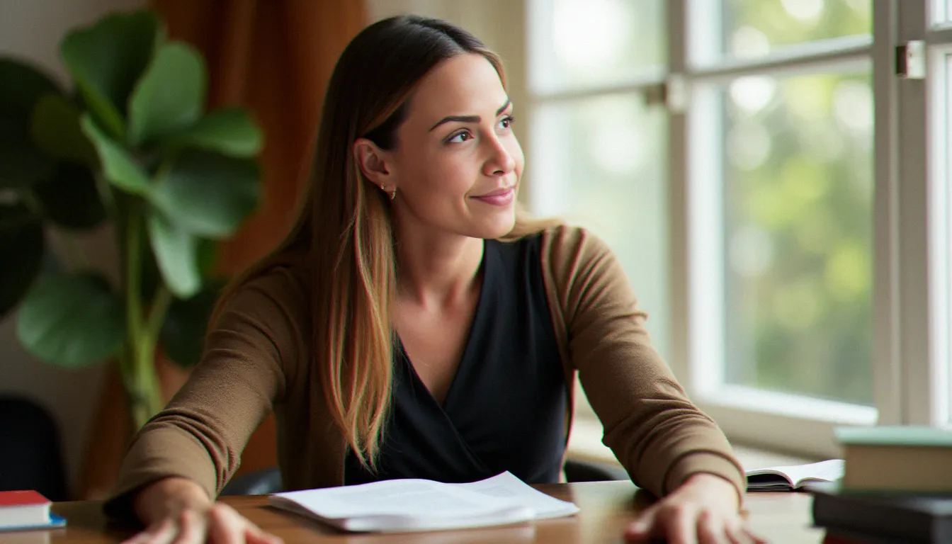 Femme pensive assise près d'une fenêtre lumineuse, illustrant la réflexion personnelle autour de la décision d'avortement