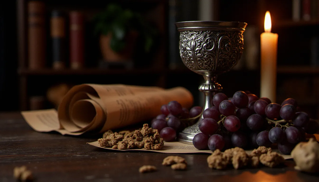 Coupe rituelle en argent entourée de raisins, herbes et bougie sur une table en bois ancien, évoquant les rituels dionysiaques liés à Bacchus dans un contexte symbolique et éducatif