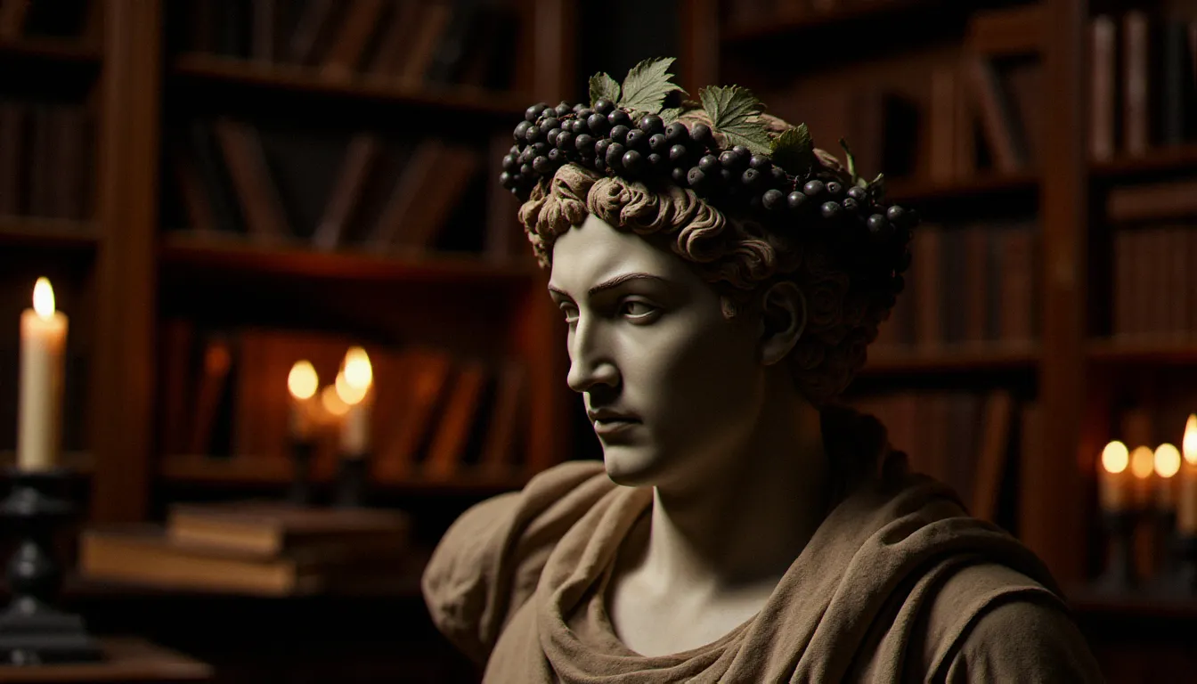 Buste de marbre antique de Bacchus couronné de feuilles de vigne dans une bibliothèque éclairée à la bougie, évoquant la symbolique du dieu de l'extase et de la libération rituelle