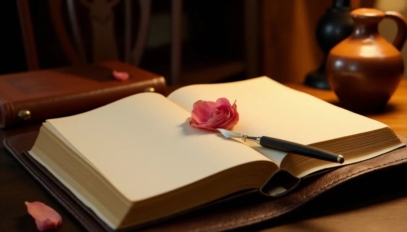 Journal ouvert et plume sur un bureau élégant symbolisant l'écriture introspective et la réflexion sur les dynamiques amoureuses