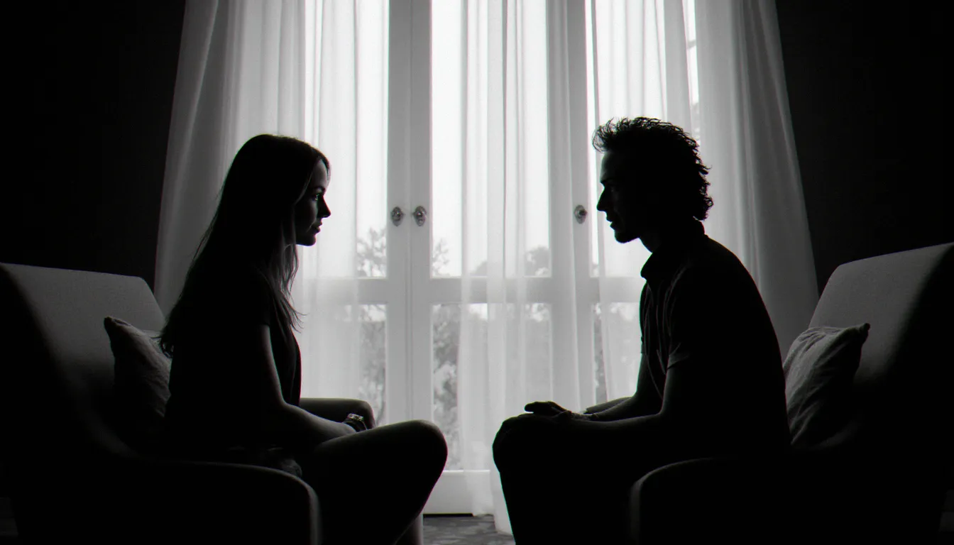 Deux silhouettes face à face dans une lumière douce de fenêtre illustrant la tension et la confiance d'un baiser amoureux suspendu