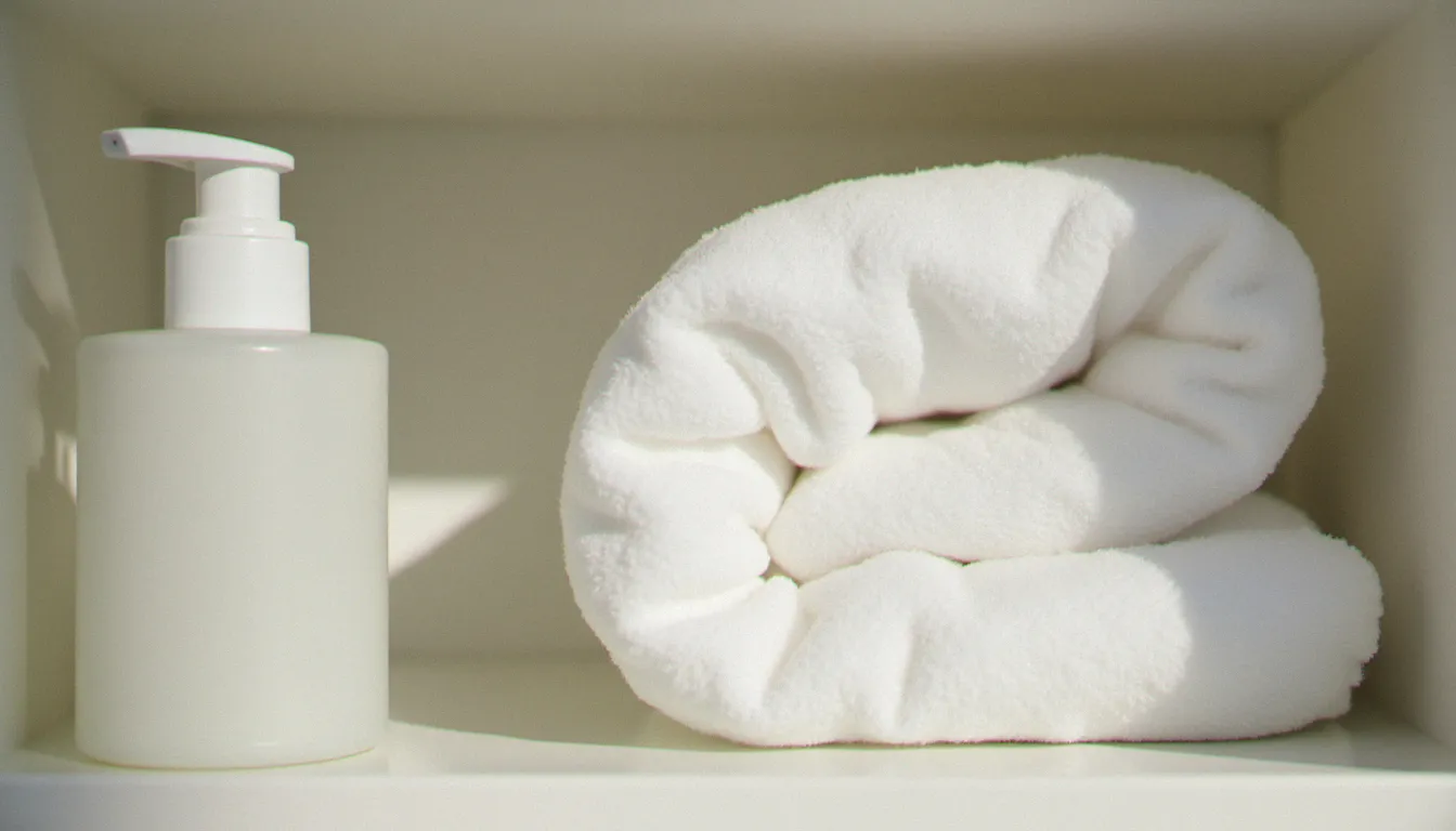 Produit nettoyant à pH neutre et serviette en coton sur une étagère de salle de bain, illustrant les gestes d'hygiène préventive contre la balanite
