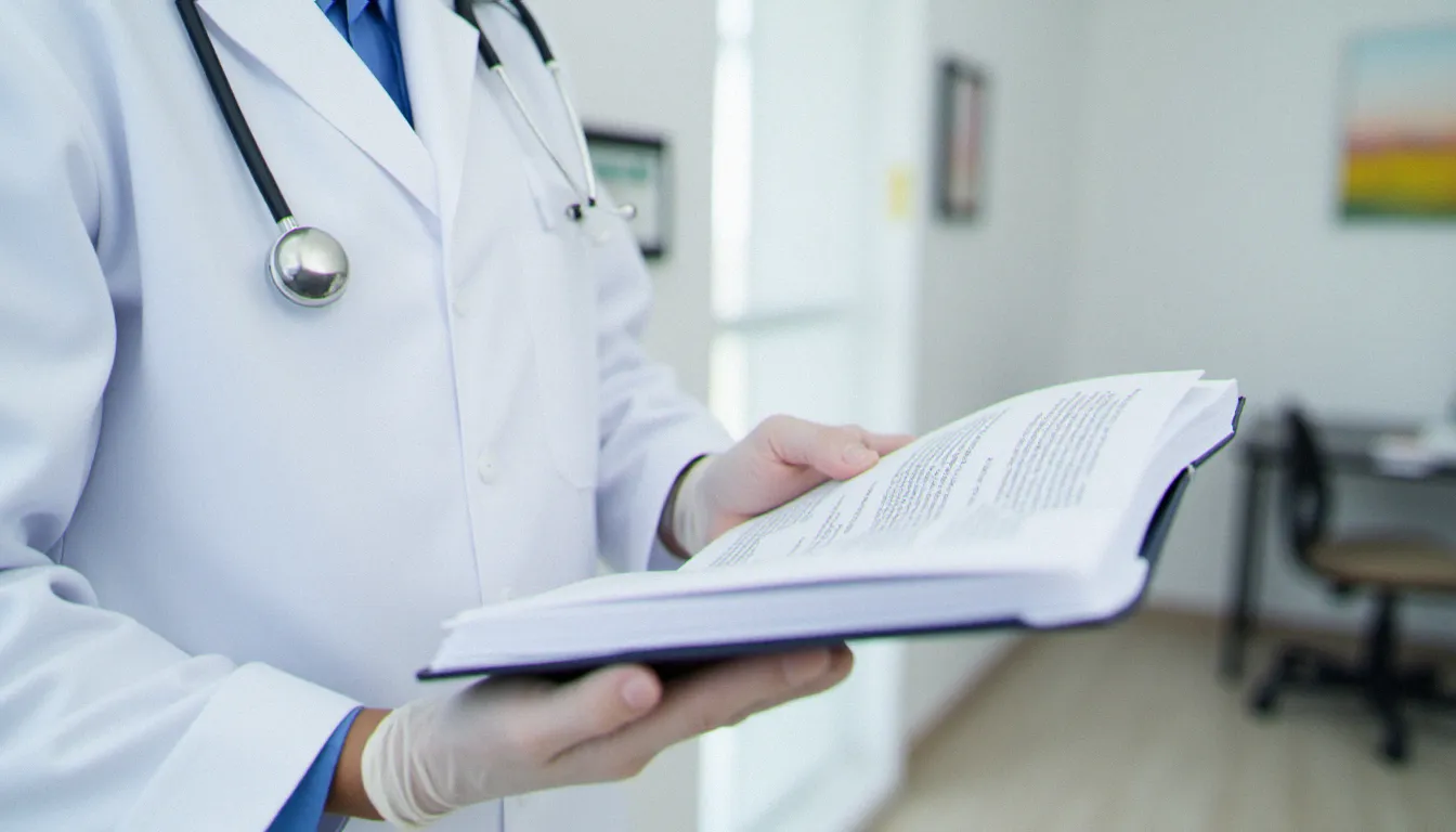 Un médecin consulte un ouvrage de référence en dermatologie dans un cabinet clinique, illustrant la prise en charge médicale de la balanite