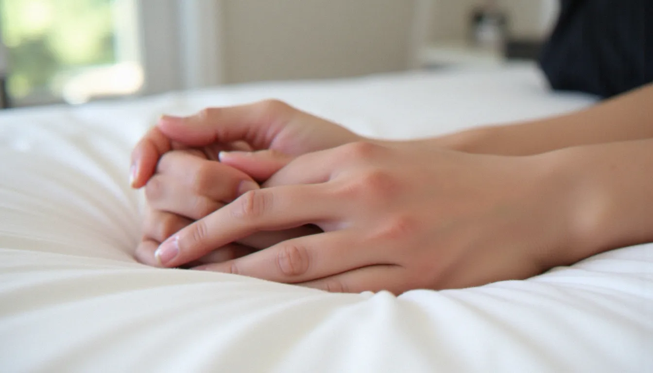 Deux mains entrelacées sur un drap blanc, symbole d'intimité et de confiance dans une relation, en lien avec le sujet du barebacking et du consentement