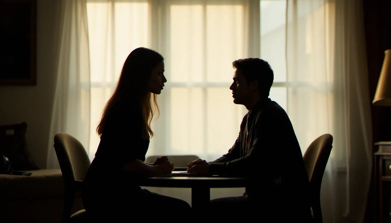 Deux silhouettes en intérieur épuré illustrant une dynamique de confiance et d'échange de pouvoir consenti dans le BDSM