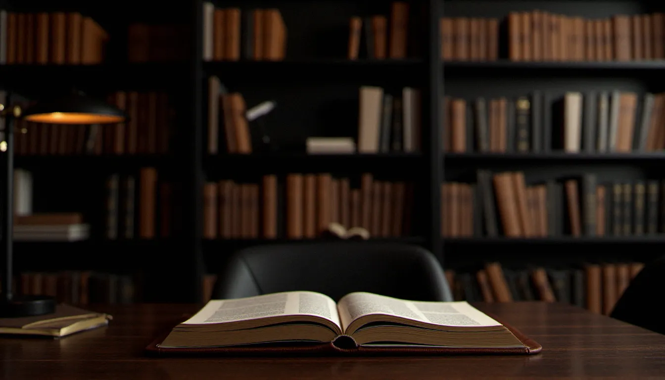 Bureau élégant avec journal en cuir et bibliothèque, évoquant l'approche psychologique et intellectuelle du BDSM