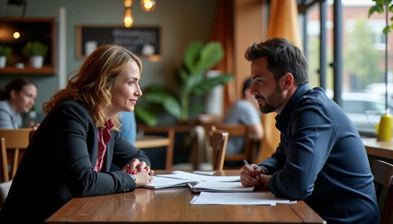 Deux personnes en discussion sérieuse autour d'une table, illustrant la négociation préalable essentielle à toute rencontre BDSM consentie