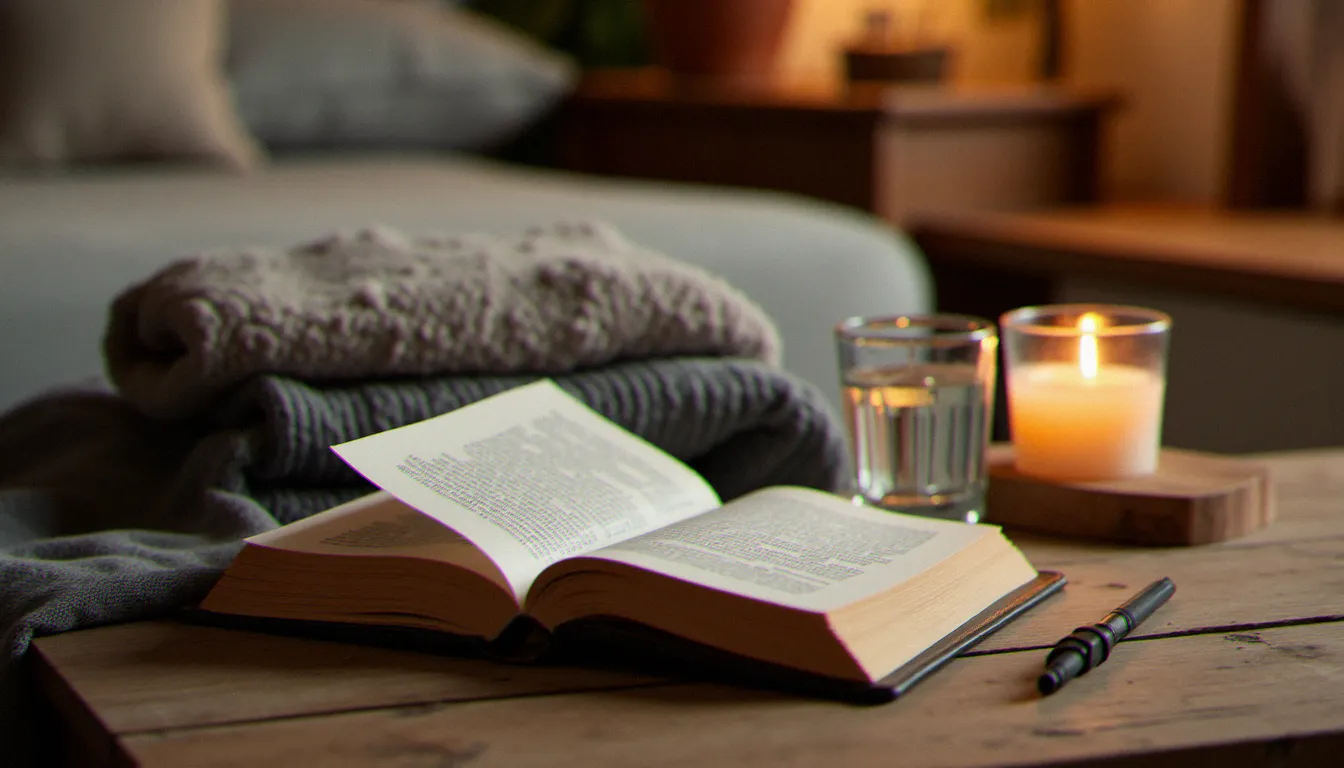 Carnet, verre d'eau et couverture disposés avec soin, représentant la préparation et l'aftercare d'une rencontre BDSM responsable