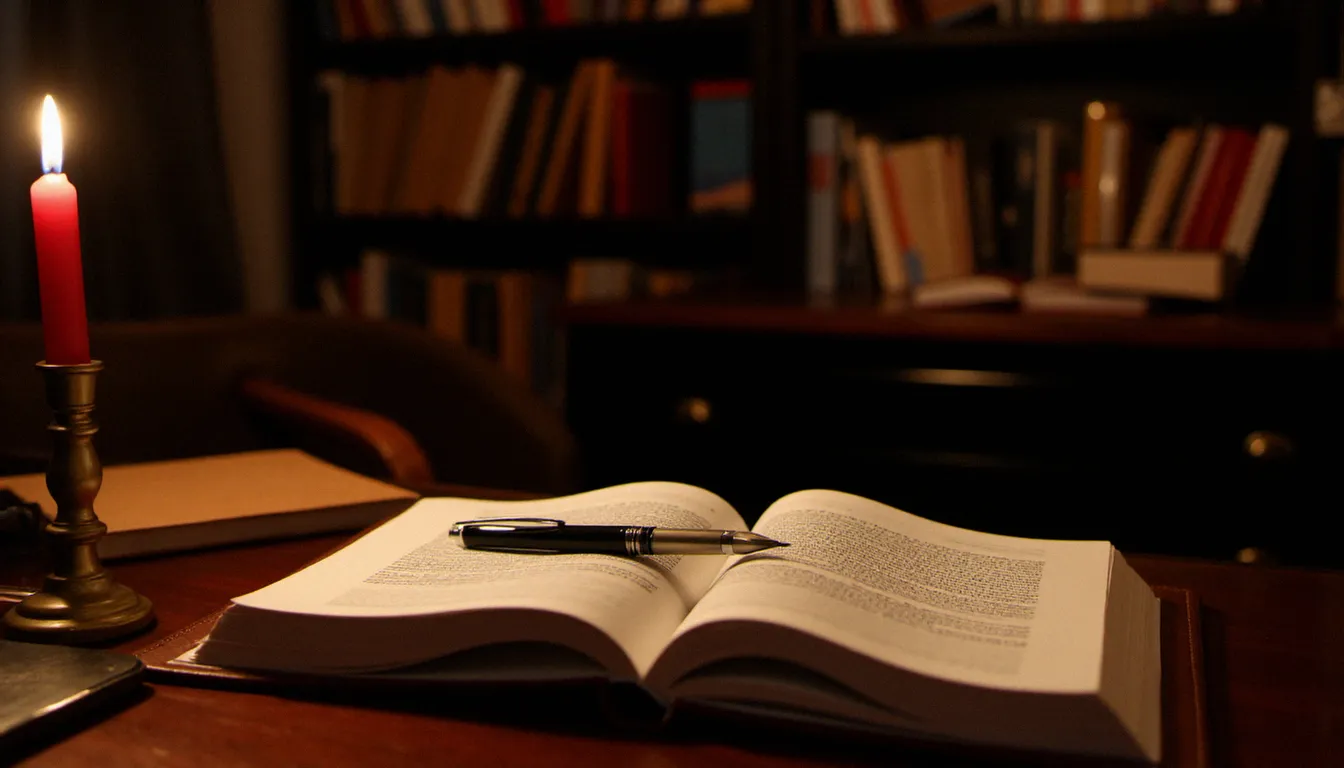 Bureau intimiste avec carnet en cuir et bougie allumée, évoquant l'univers de la bdsm rencontre dans un cadre psychologique professionnel à Lyon